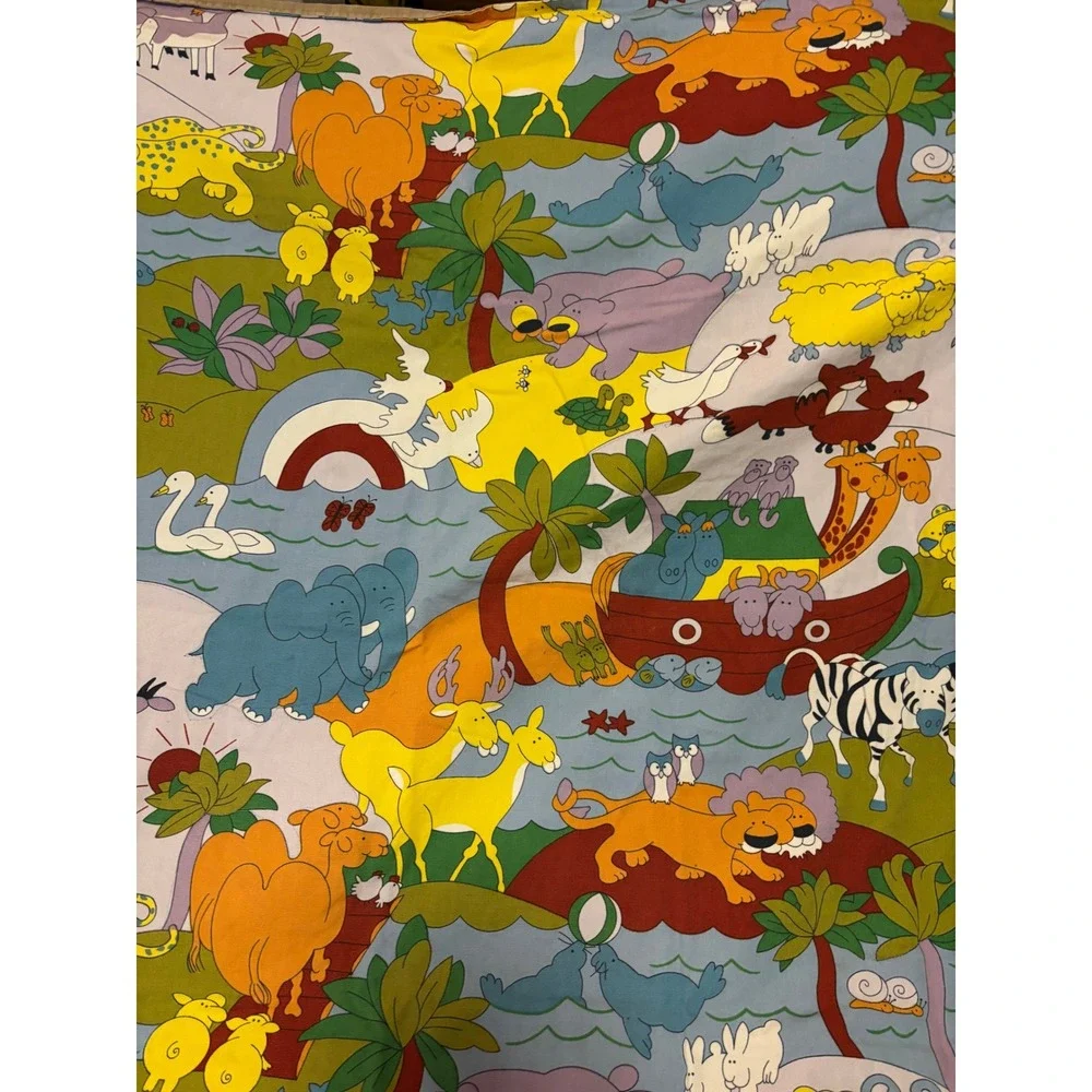Vintage Wall Hanging Noahs Ark Animal Print Tan Corduroy Cotton Tapestry Baby
